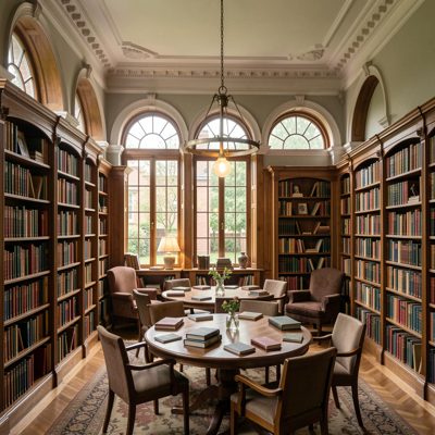 a library reading room with arched windows