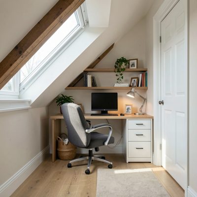 a home office nook under a sloped ceiling