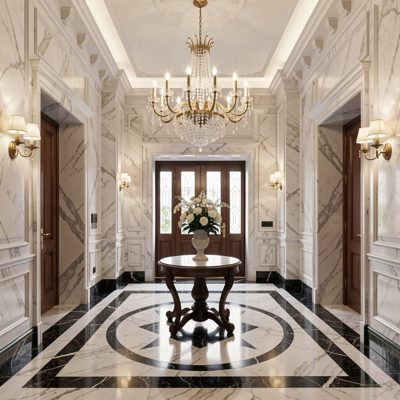 a marble entrance hall with a chandelier