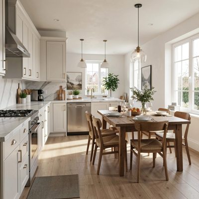 an open plan kitchen and dining space in daylight