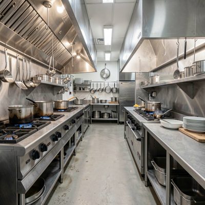 an industrial kitchen with stainless steel surfaces