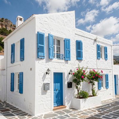 a whitewashed mediterranean house with blue shutters