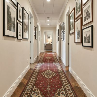 a hallway with framed prints and a runner rug