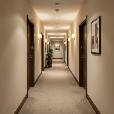 a hotel corridor with soft wall lighting