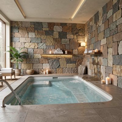 a spa interior with stone walls and a plunge pool