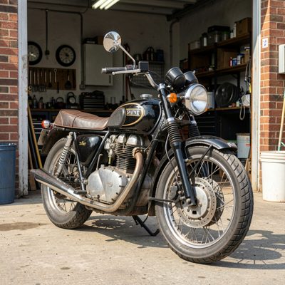 a classic motorcycle parked outside a workshop