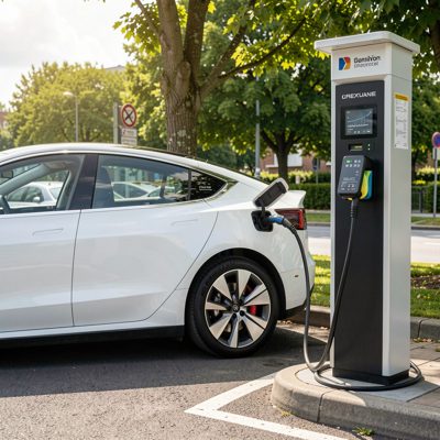 an electric car charging at a roadside point