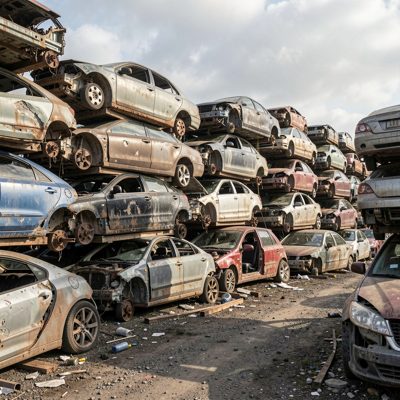 a scrapyard with stacked vehicle shells