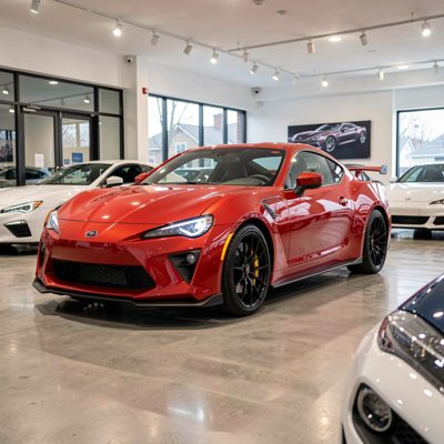a red sports coupe in a showroom, no license plate