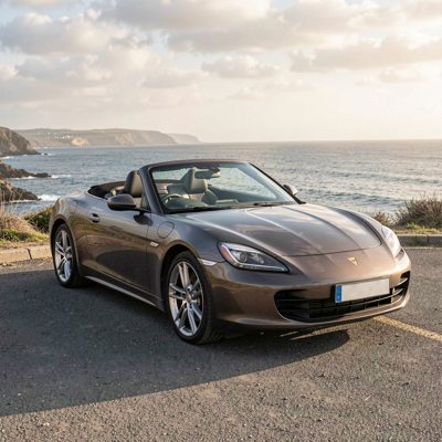 a convertible with the roof down by the coast, no license plate
