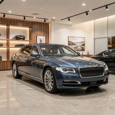 a luxury saloon under showroom lighting, no license plate