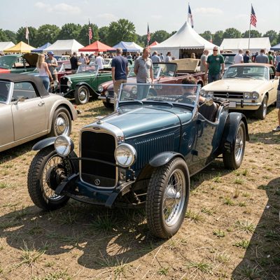 a vintage roadster at a classic car meet, no license plate