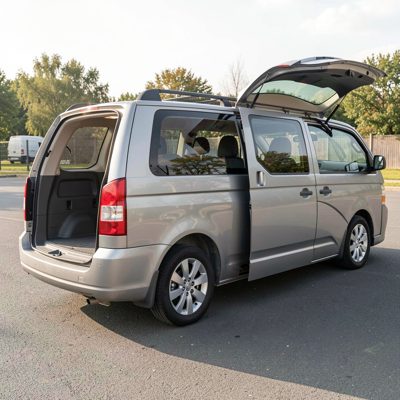 a minivan with the side door open, no license plate