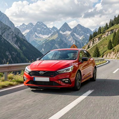 a hot hatch on a mountain road, no license plate