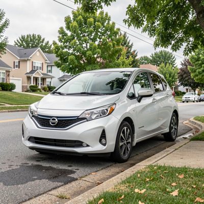 a hybrid car at a suburban kerb, no license plate