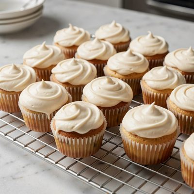 a cooling rack of cupcakes waiting to be iced