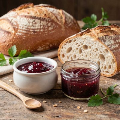 a pot of jam beside fresh bread