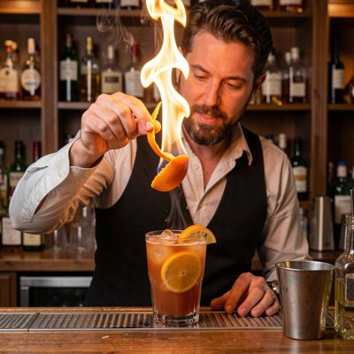 a bartender flaming an orange peel over a drink