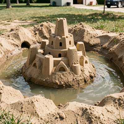 a sandcastle with a moat filling with water