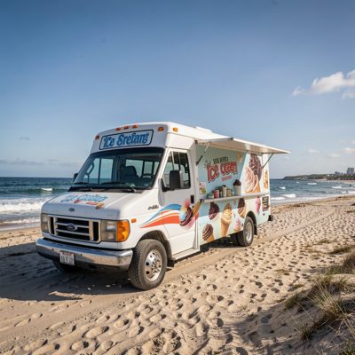 an ice cream van parked above a beach