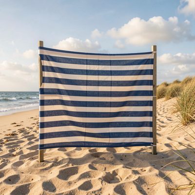 a striped windbreak on a sandy beach