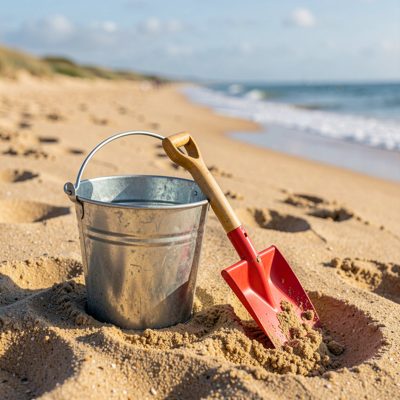 a bucket and spade left on the sand