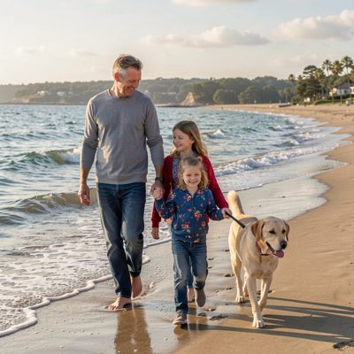 a family walking a dog along the shore