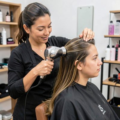 a stylist blow drying a client's hair