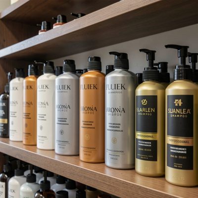 a shelf of professional shampoo bottles