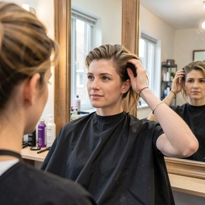 a client admiring a new haircut in the mirror