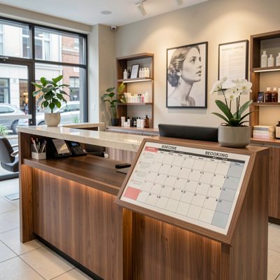 a salon reception desk with a booking diary
