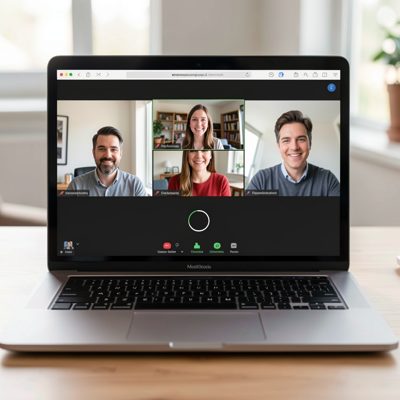 a video call on a laptop with three remote colleagues on screen