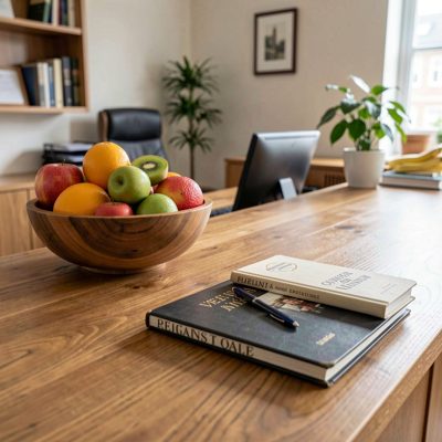 a reception desk with a bowl of fruit and a visitor book