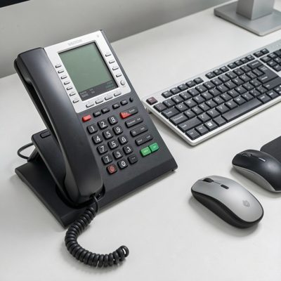 a desk phone, keyboard and mouse arranged on a clean surface