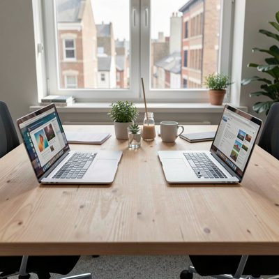 a shared desk with two laptops facing each other