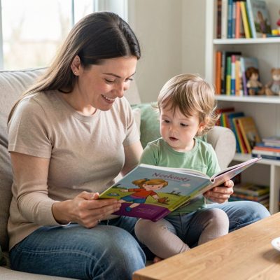 a parent reading a picture book to a toddler