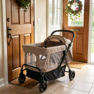 a pram in a hallway by the front door