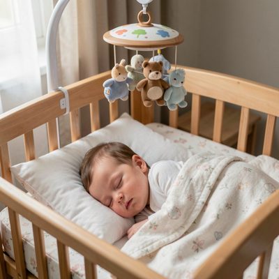 a baby asleep in a cot with a mobile above