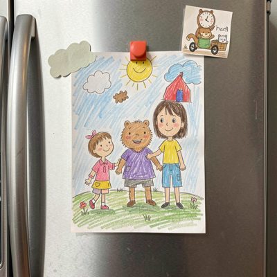 a child's drawing stuck to a fridge