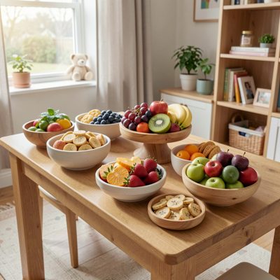 a nursery snack table with fruit in bowls