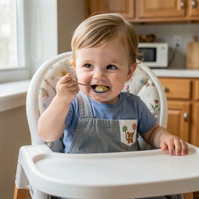 a child in a high chair with a spoon