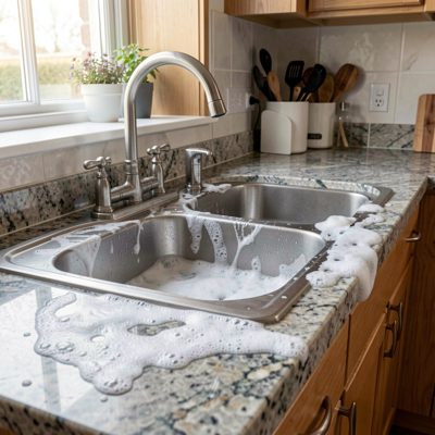 a kitchen worktop being sanitised