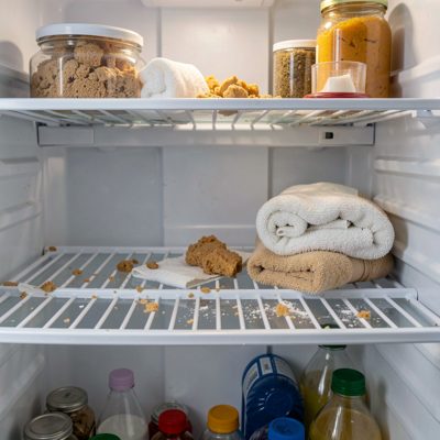 a fridge shelf being wiped out