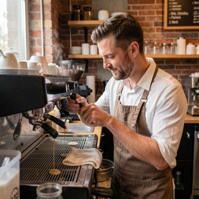 a barista wiping down the steam wand