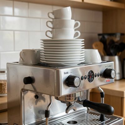 a stack of clean cups on top of an espresso machine