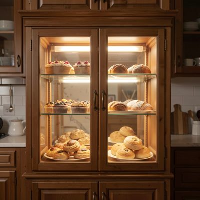 a pastry cabinet lit from within