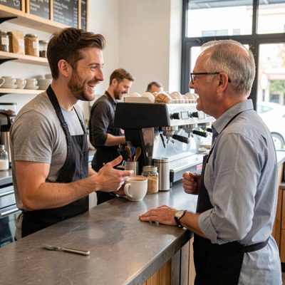 a barista greeting a regular at the till
