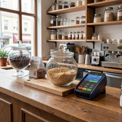 a cafe counter with a tip jar and a card reader
