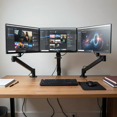 three monitors mounted on arms above a desk