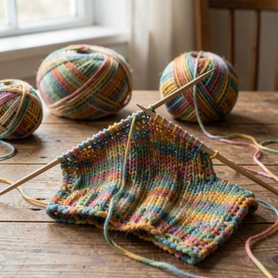 a knitting project on needles with a ball of wool